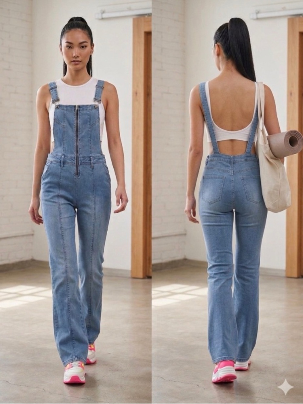 Vanilla Star Y2K Light Wash Flare Denim  Open Back Retro Zip Front Overalls M